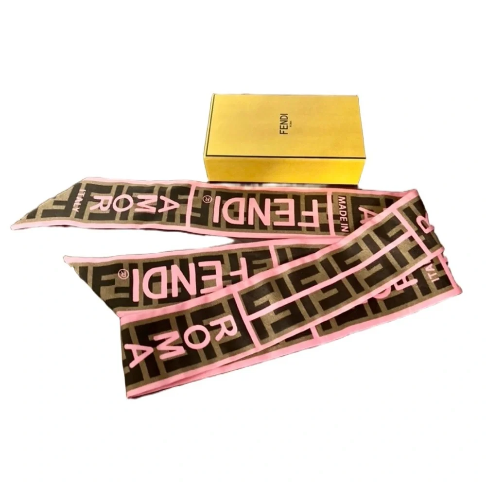 Pink Fendi Roma Silk Scarf Twilly Ribbon Scarf